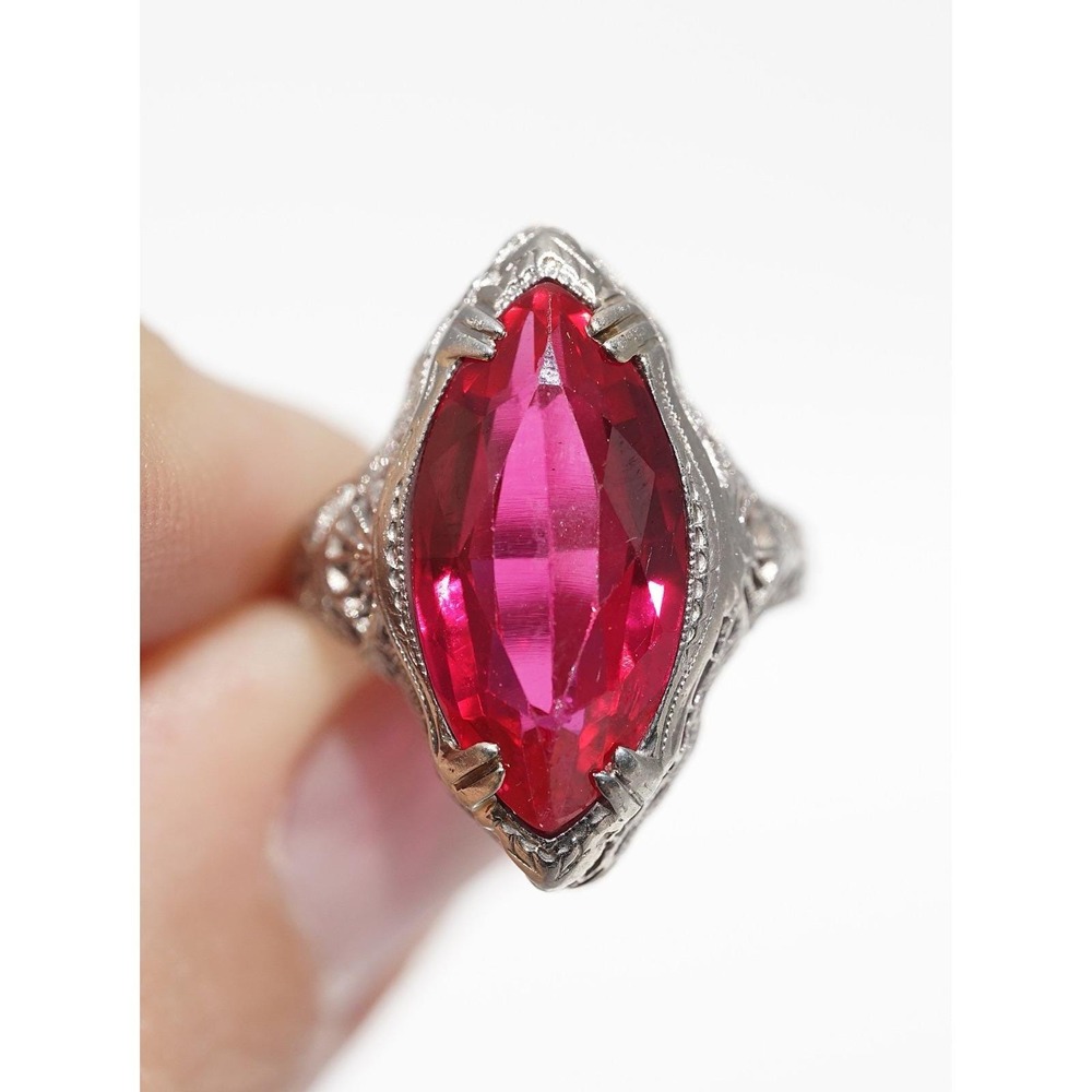 Antique 14k Solid White Gold Filigree‎ Engraved Man Made Red Ruby Ring Marquise
